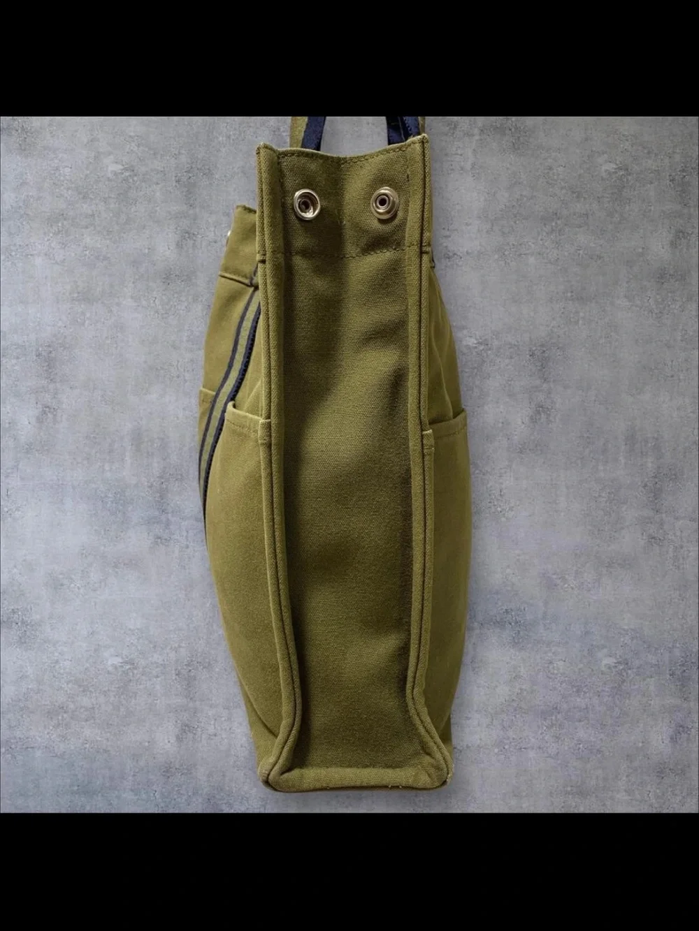Hermes Olive Green Canvas Tote with Navy Stripe Handles